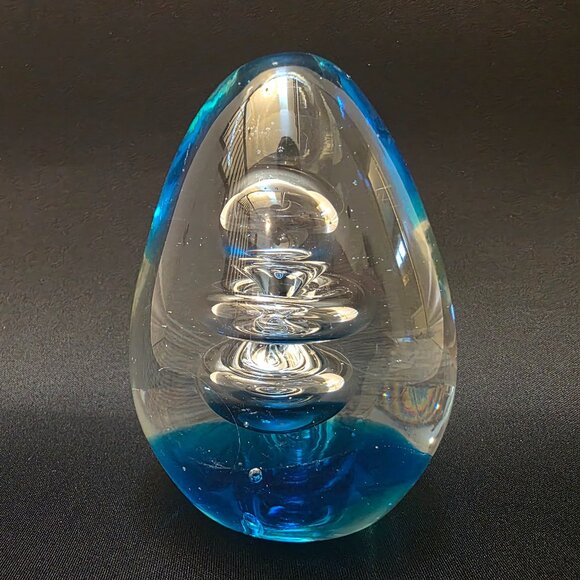 Paperweight Glass Figurine Decorative Art Glass Clear blue Bubble Egg Shaped - Picture 1 of 6